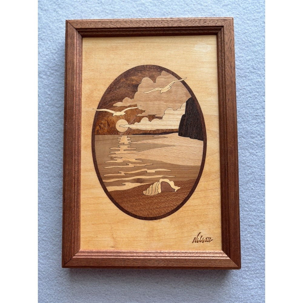 Jeff Nelson Signed Hudson River Inlay Seascape Wood Marquetry Framed Art EUC